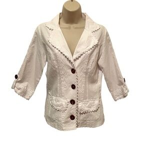 Giocam Womens White Peruvian 100% Cotton Embroidered Jacket Size Small Beautiful